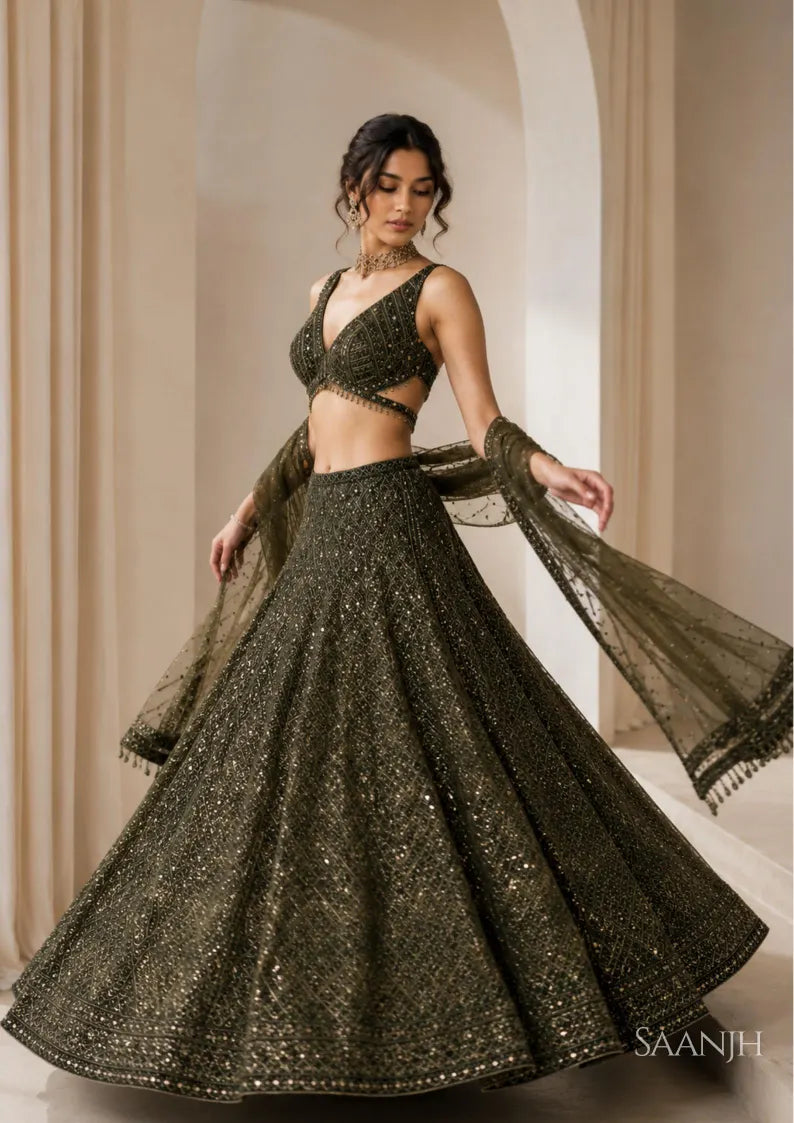 Aavira Chinon Silk Sequin & Thread Work Lehenga Choli with Net Dupatta for Wedding
