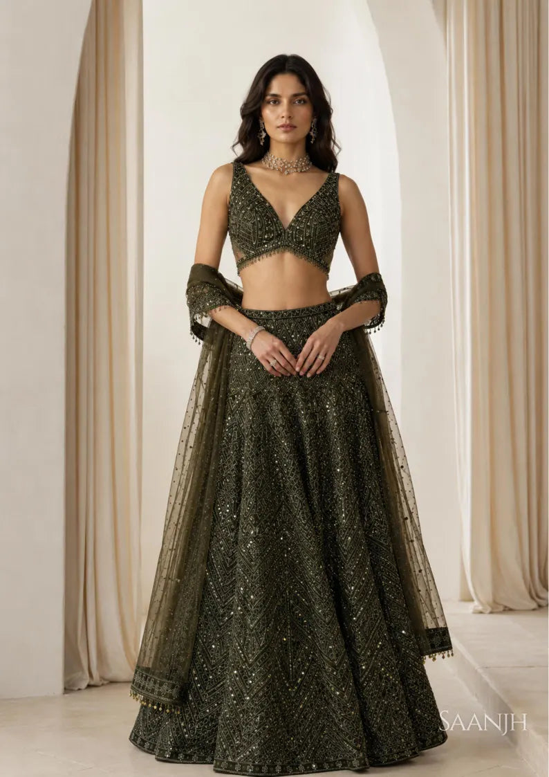 Aavira Chinon Silk Sequin & Thread Work Lehenga Choli with Net Dupatta for Wedding