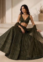Aavira Chinon Silk Sequin & Thread Work Lehenga Choli with Net Dupatta for Wedding