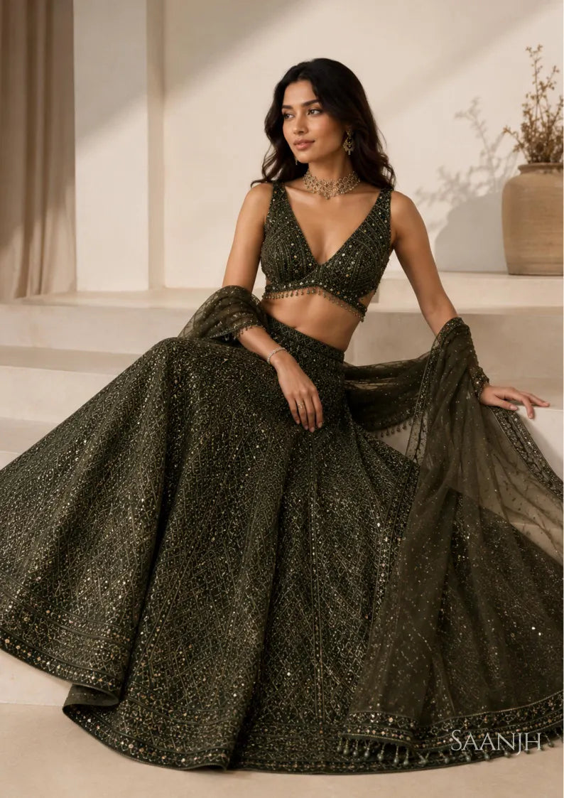 Aavira Chinon Silk Sequin & Thread Work Lehenga Choli with Net Dupatta for Wedding