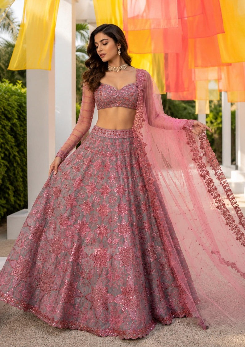Luxury Thai Silk Sequins & Thread Work Lehenga Choli Set for Wedding