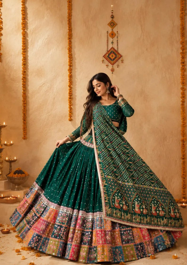 Veda Muslin Cotton Mirror Work & Canvas Patta Border Lehenga with Choli & Dupatta