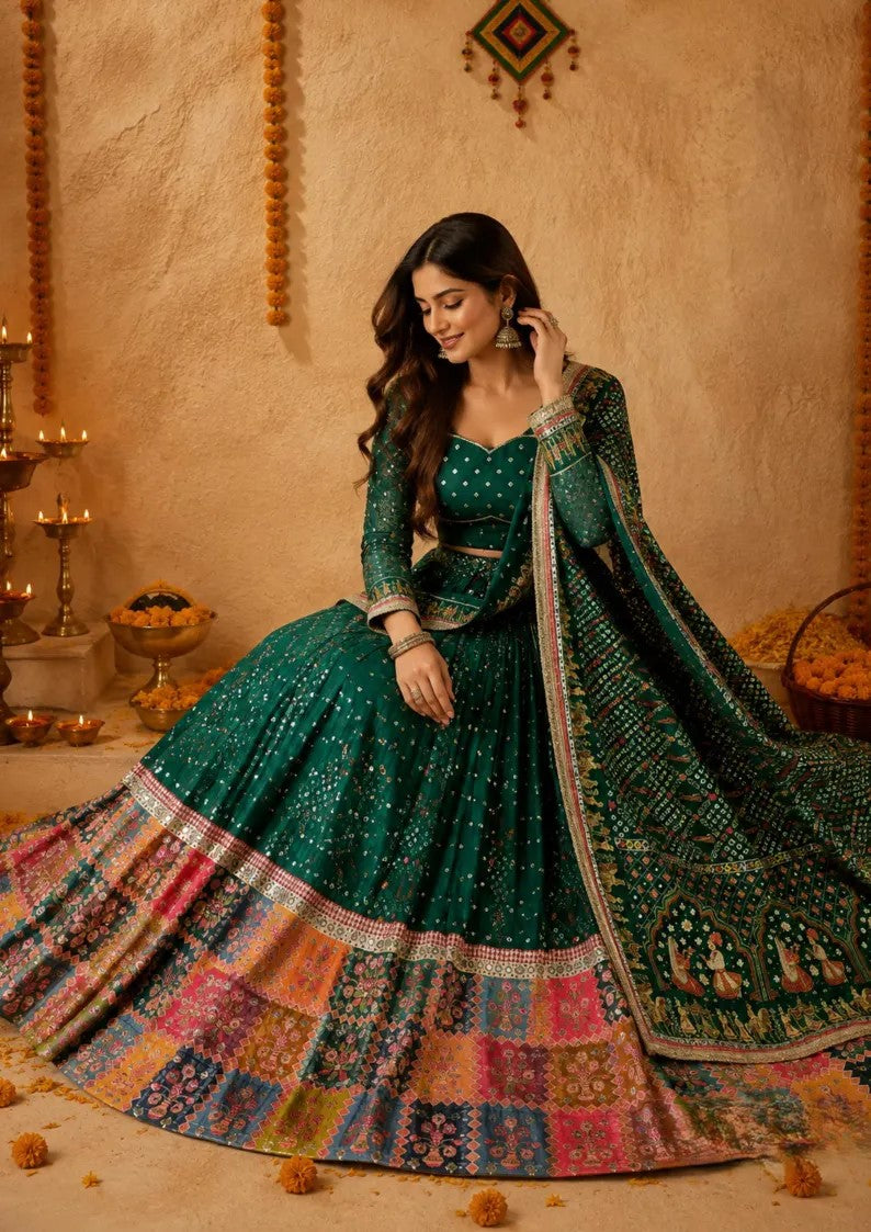 Veda Muslin Cotton Mirror Work & Canvas Patta Border Lehenga with Choli & Dupatta