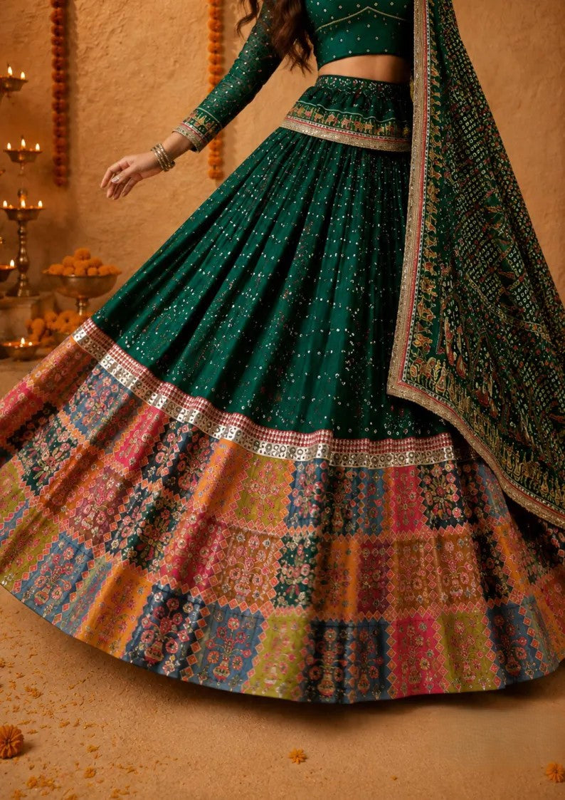 Veda Muslin Cotton Mirror Work & Canvas Patta Border Lehenga with Choli & Dupatta