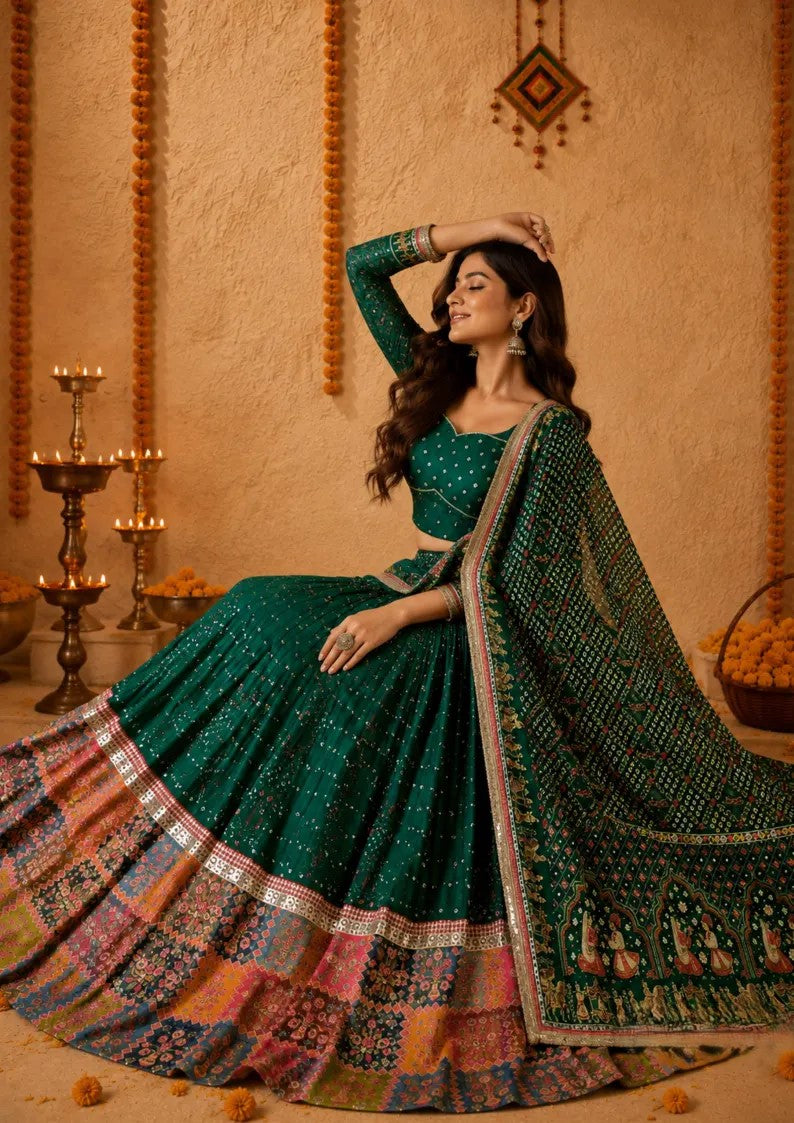 Veda Muslin Cotton Mirror Work & Canvas Patta Border Lehenga with Choli & Dupatta