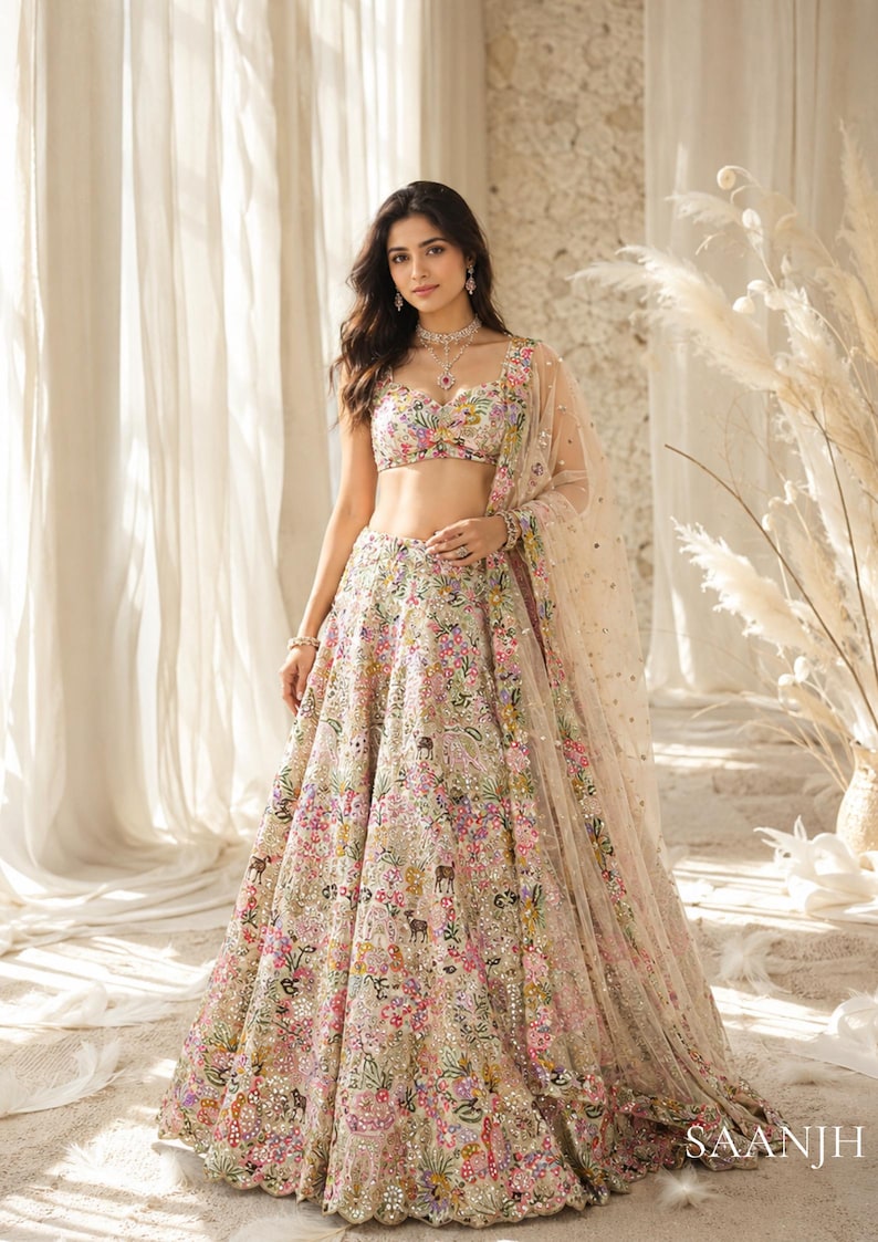 Aaralika Floral Embroidered Lehenga Choli Set Bridal Mehendi Sangeet Reception Outfit