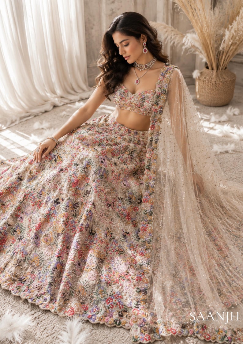 Aaralika Floral Embroidered Lehenga Choli Set Bridal Mehendi Sangeet Reception Outfit