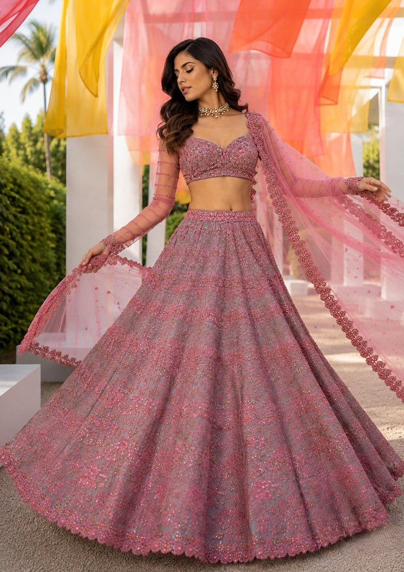 Luxury Thai Silk Sequins & Thread Work Lehenga Choli Set for Wedding