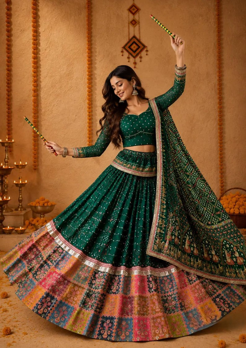 Veda Muslin Cotton Mirror Work & Canvas Patta Border Lehenga with Choli & Dupatta