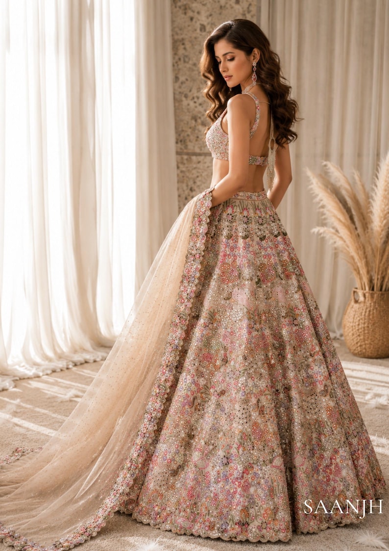 Aaralika Floral Embroidered Lehenga Choli Set Bridal Mehendi Sangeet Reception Outfit