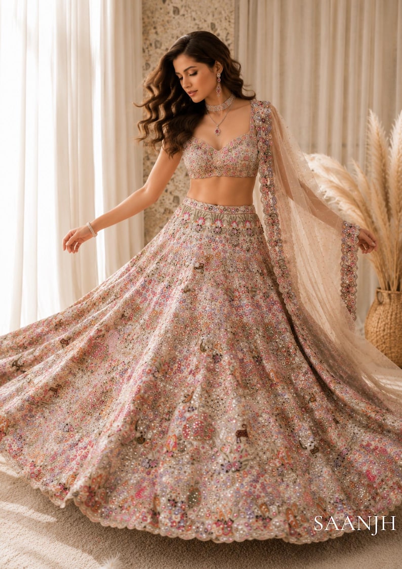 Aaralika Floral Embroidered Lehenga Choli Set Bridal Mehendi Sangeet Reception Outfit