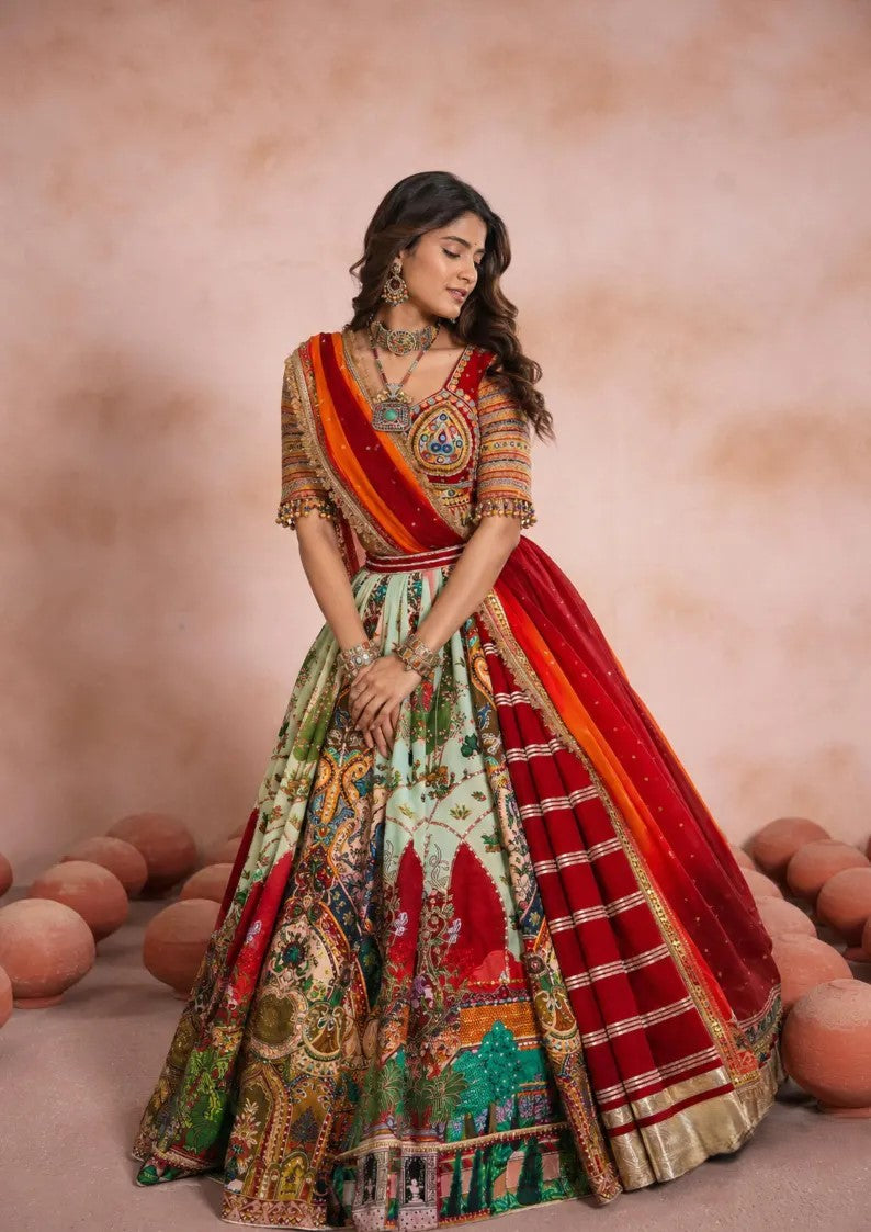 Vastrika Muslin Cotton Mirror Work Lehenga Choli with Lace Border Dupatta