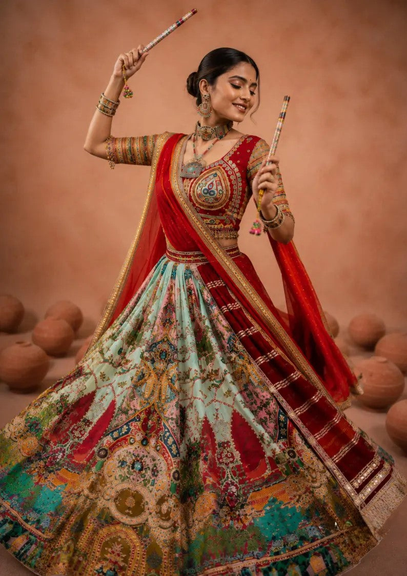 Vastrika Muslin Cotton Mirror Work Lehenga Choli with Lace Border Dupatta