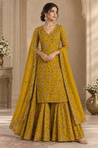 Meher Mustard Floral Stone Embroidered Kurta Palazzo Set  Pakistani Style Wedding & Festive Wear