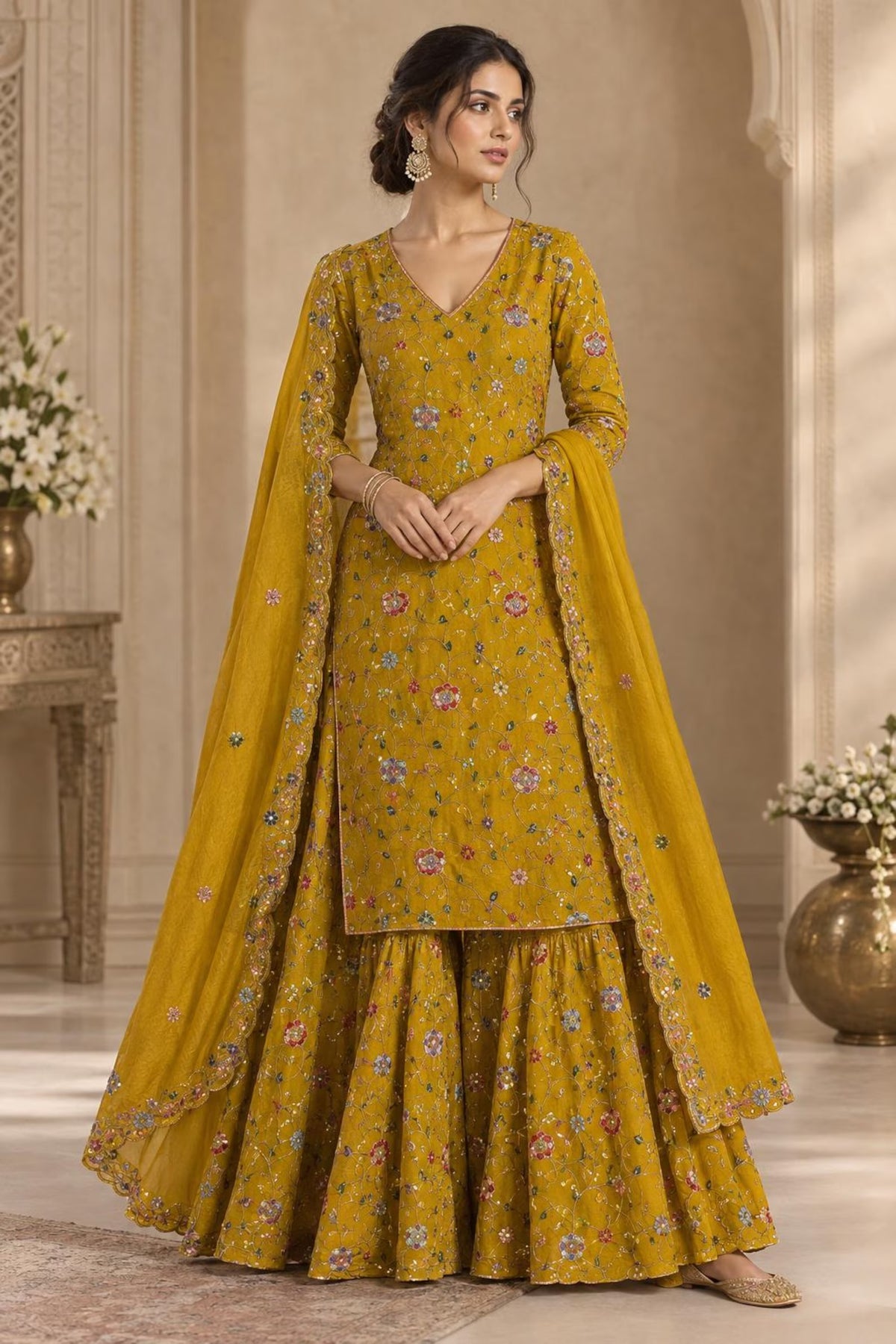 Meher Mustard Floral Stone Embroidered Kurta Palazzo Set  Pakistani Style Wedding & Festive Wear