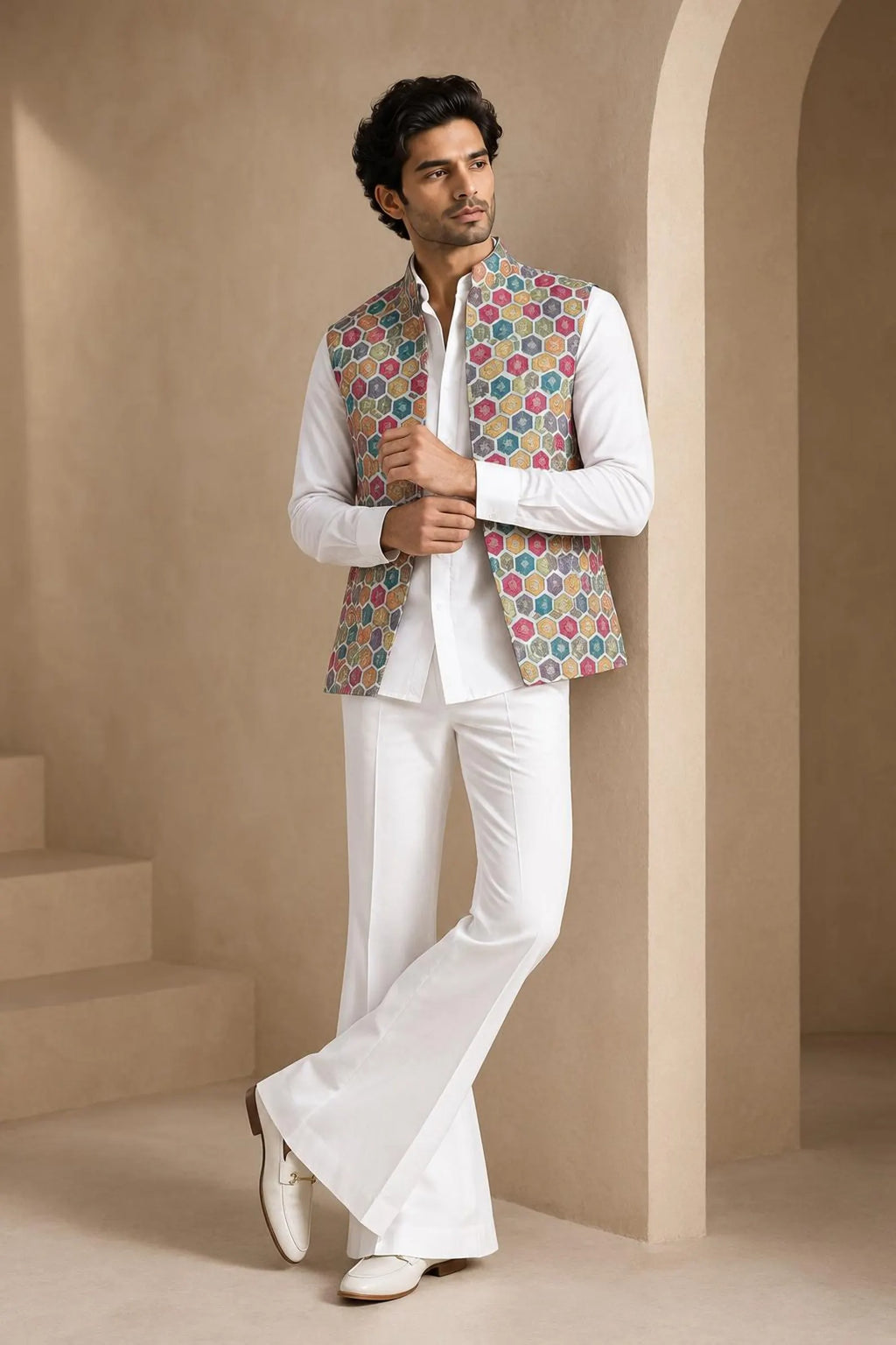 Designer Men's Embroidered Jacket Set with Shirt & Bell Bottom Pants Wedding Wear