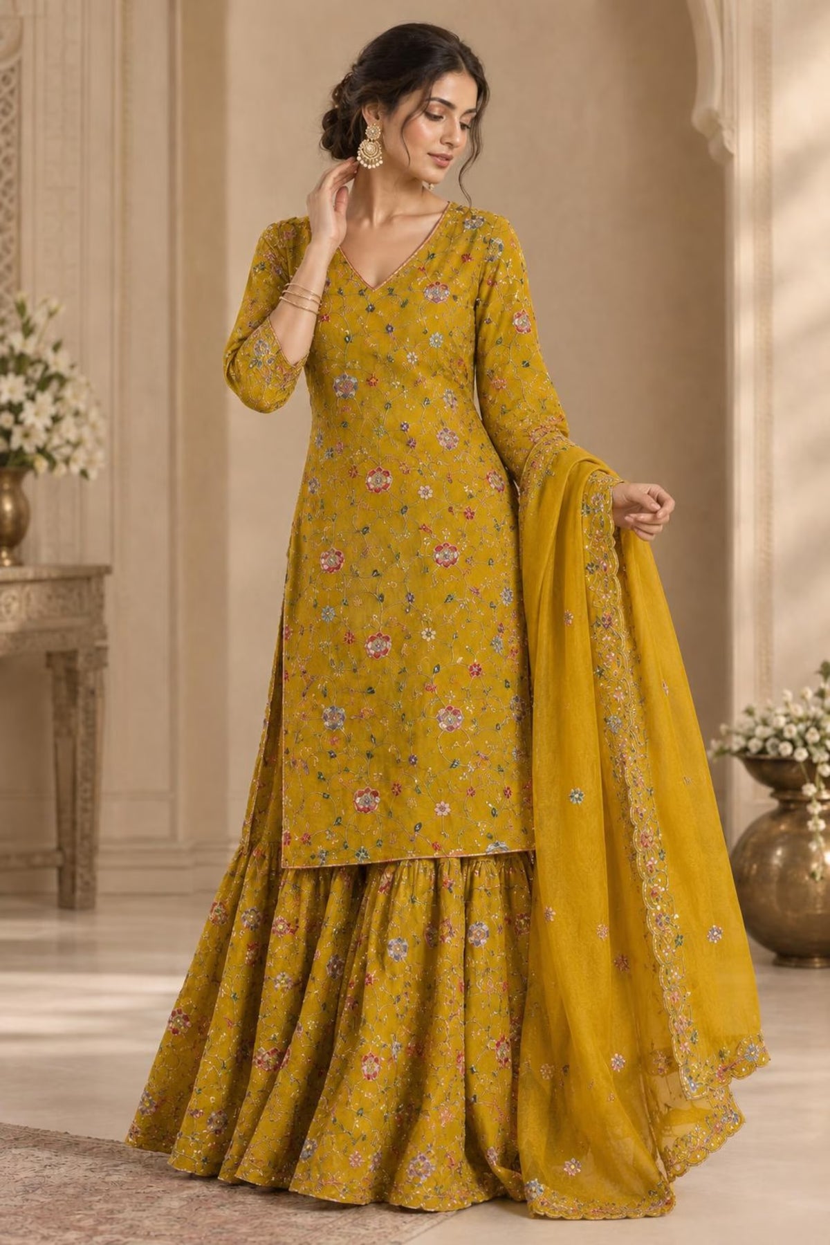 Meher Mustard Floral Stone Embroidered Kurta Palazzo Set  Pakistani Style Wedding & Festive Wear