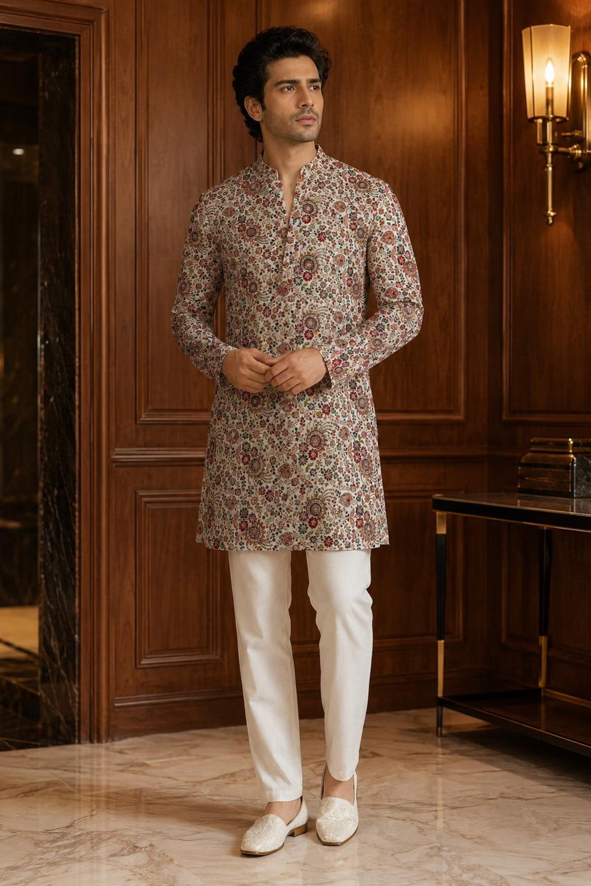 Abeer Royal Men's Digital Printed Kurta Pant Set with Zari Embroidery & Heavy Sequin Work for Weddings and Festive Wear