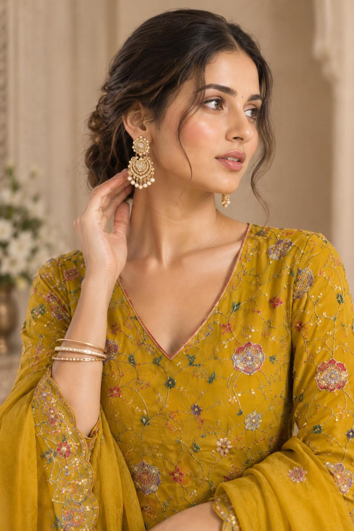 Meher Mustard Floral Stone Embroidered Kurta Palazzo Set  Pakistani Style Wedding & Festive Wear