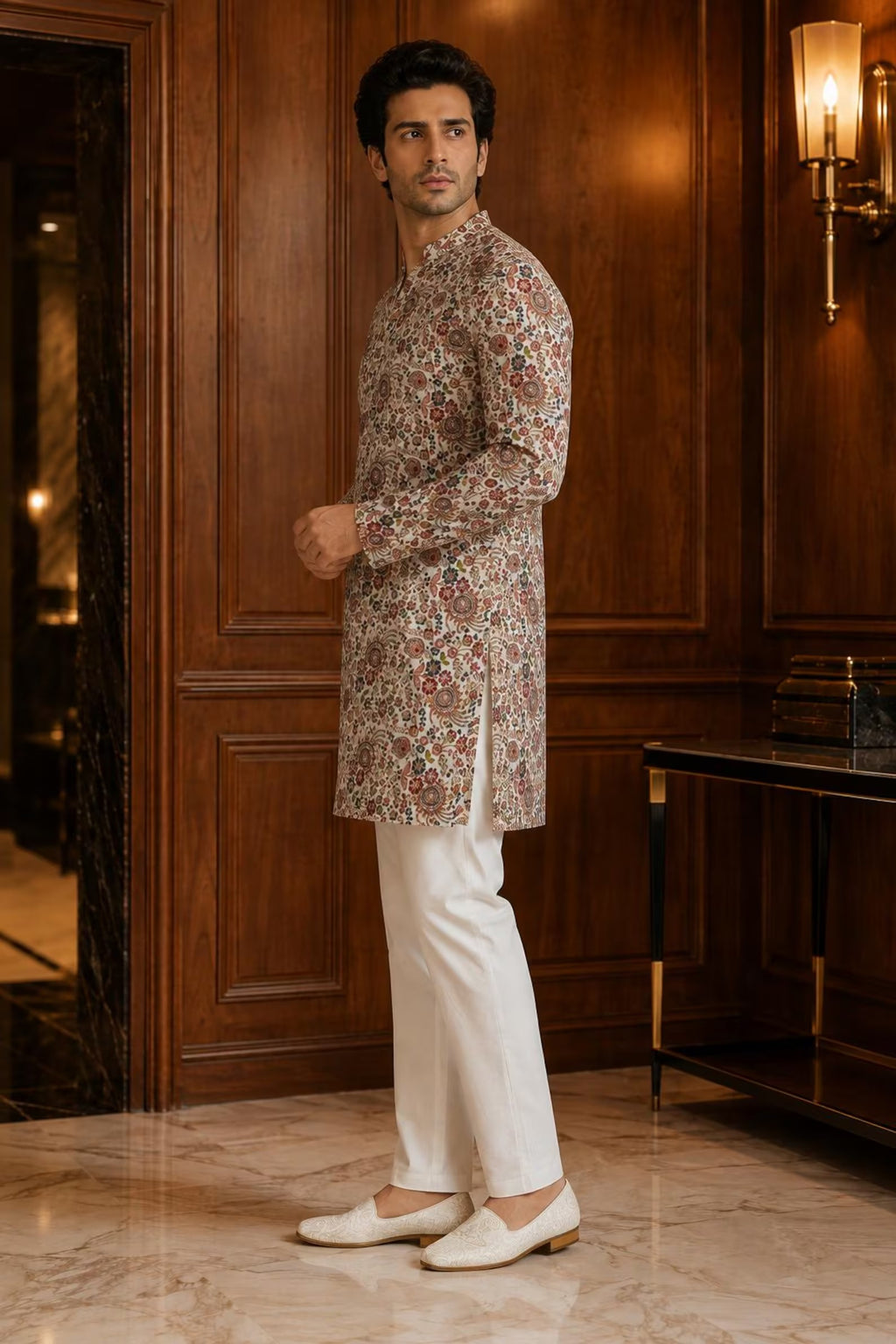 Abeer Royal Men's Digital Printed Kurta Pant Set with Zari Embroidery & Heavy Sequin Work for Weddings and Festive Wear