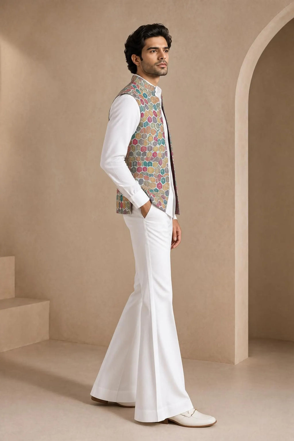 Designer Men's Embroidered Jacket Set with Shirt & Bell Bottom Pants Wedding Wear