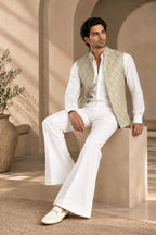 Vihaan Men's Embroidered Jacket Set with Shirt & Bell Bottom Pants | Designer Wedding Wear