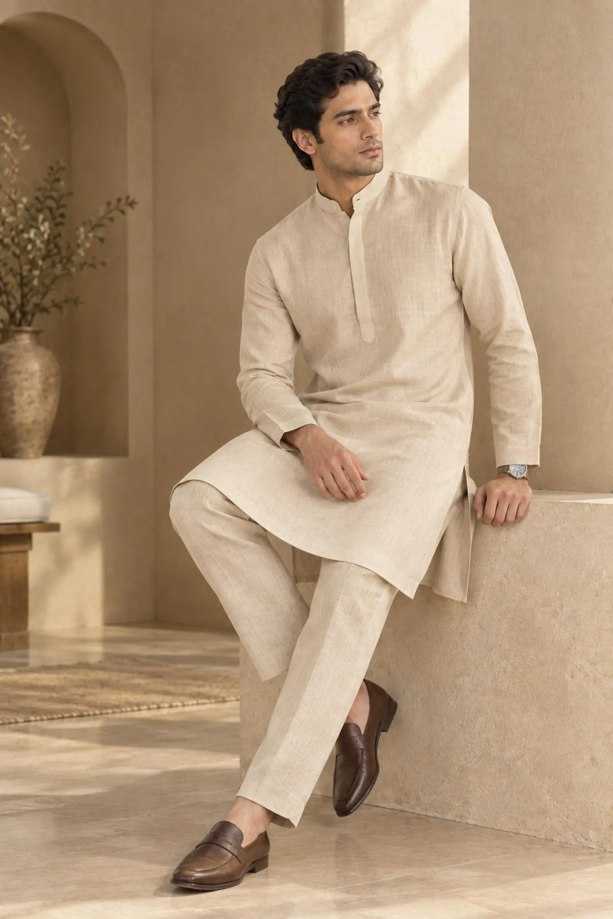 Aariz Men's Premium Linen Kurta Pajama Set Classic Traditional Ethnic Wear