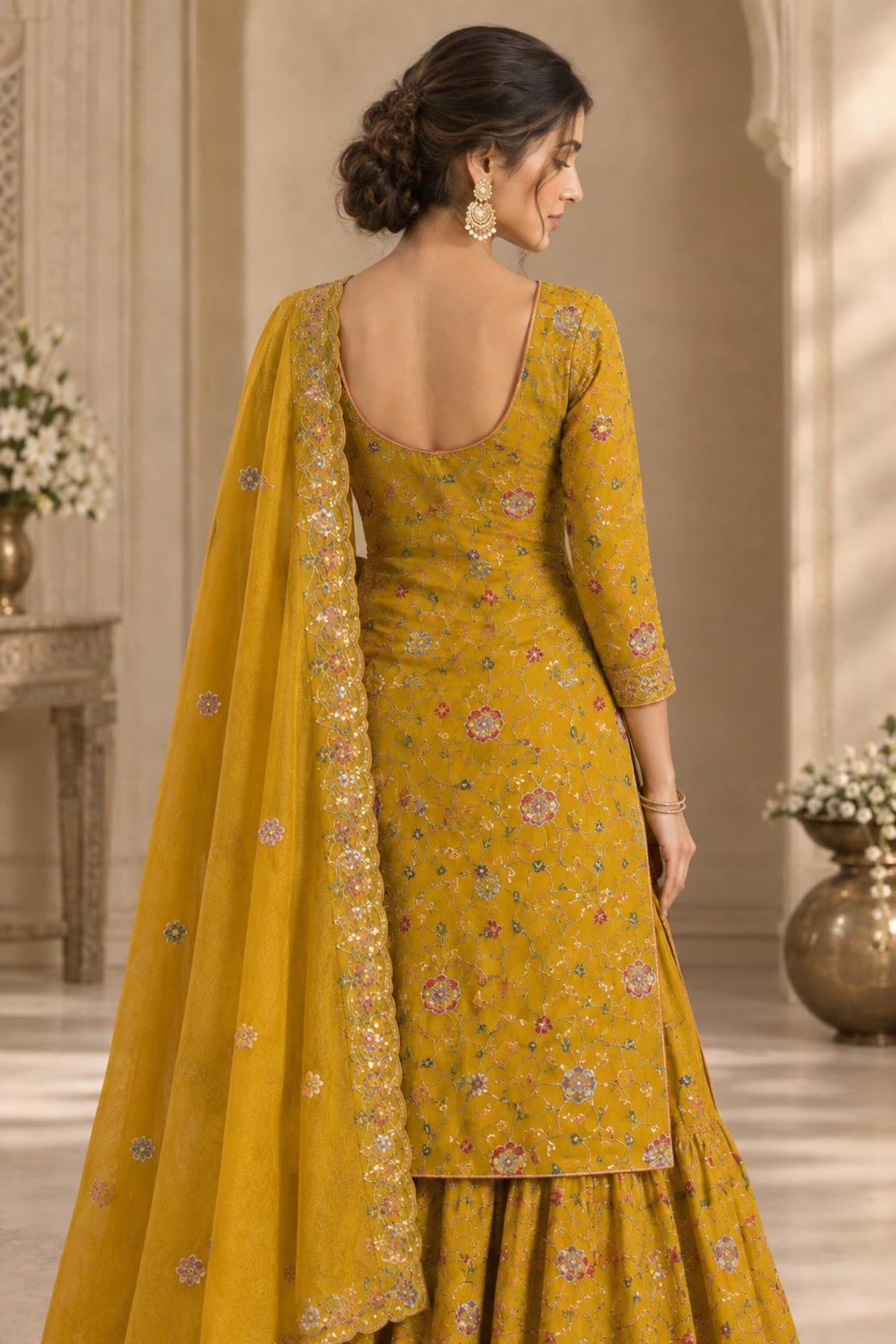 Meher Mustard Floral Stone Embroidered Kurta Palazzo Set  Pakistani Style Wedding & Festive Wear