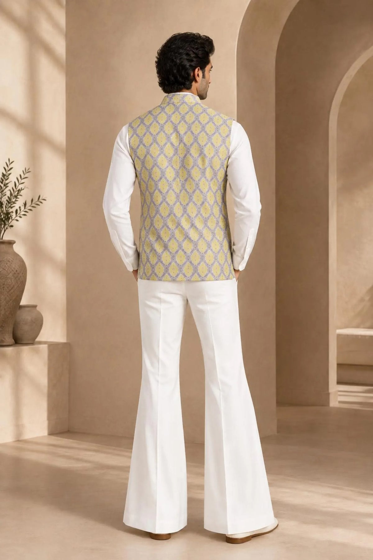 Vihaan Men's Embroidered Jacket Set with Shirt & Bell Bottom Pants | Designer Wedding Wear