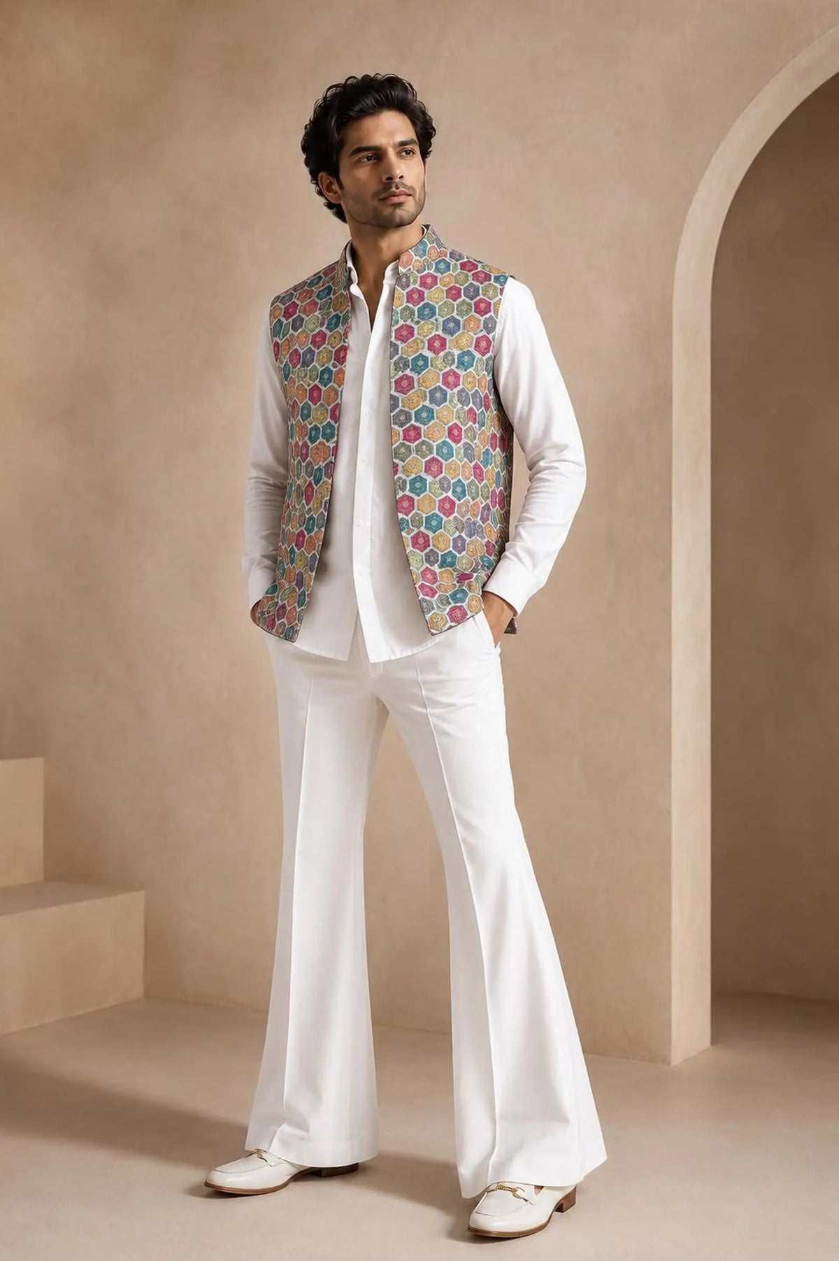 Designer Men's Embroidered Jacket Set with Shirt & Bell Bottom Pants Wedding Wear