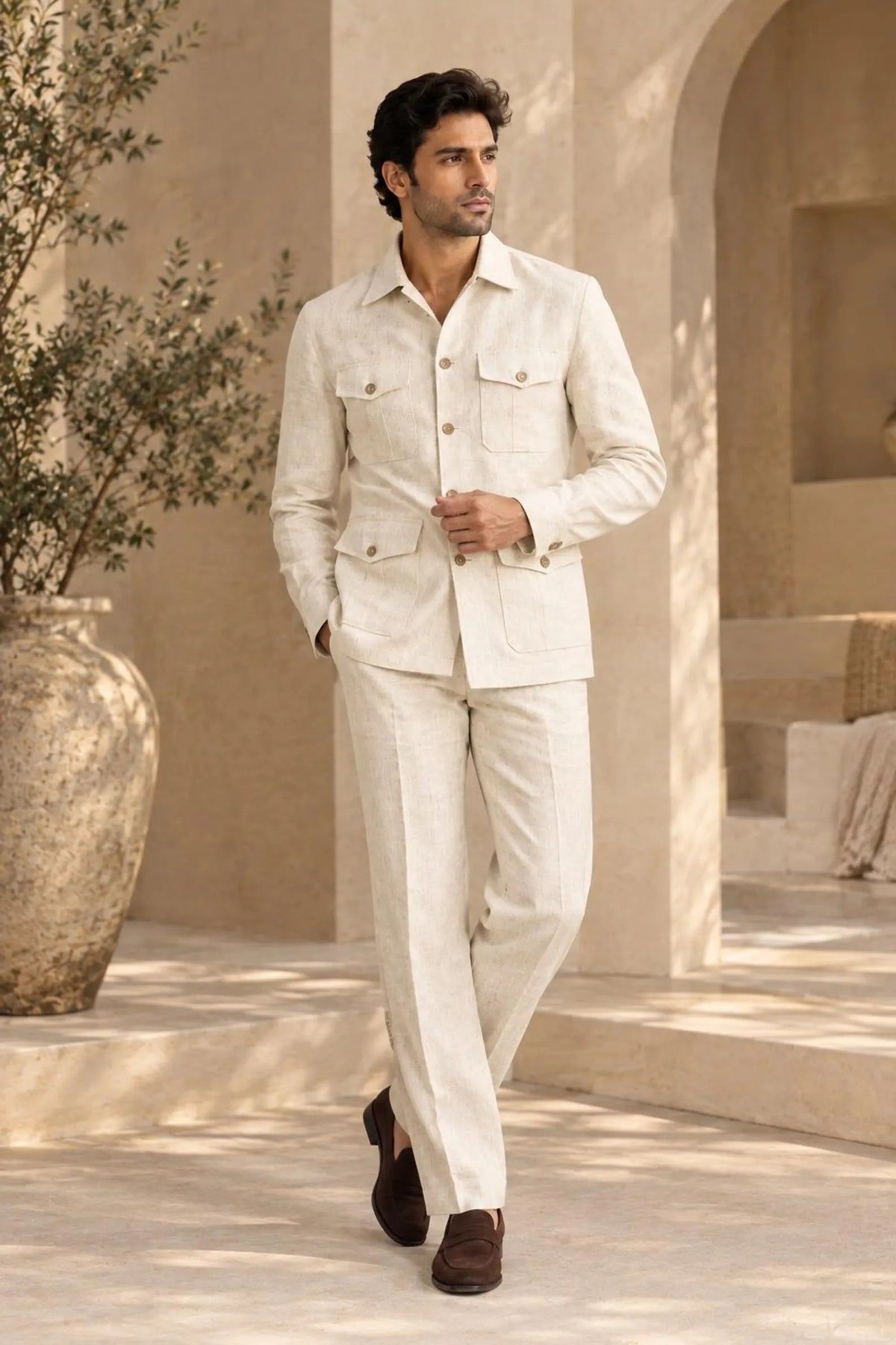 Aarvian Men's Premium Linen Safari Jacket & Pant Set | Modern Summer Party & Resort Wear
