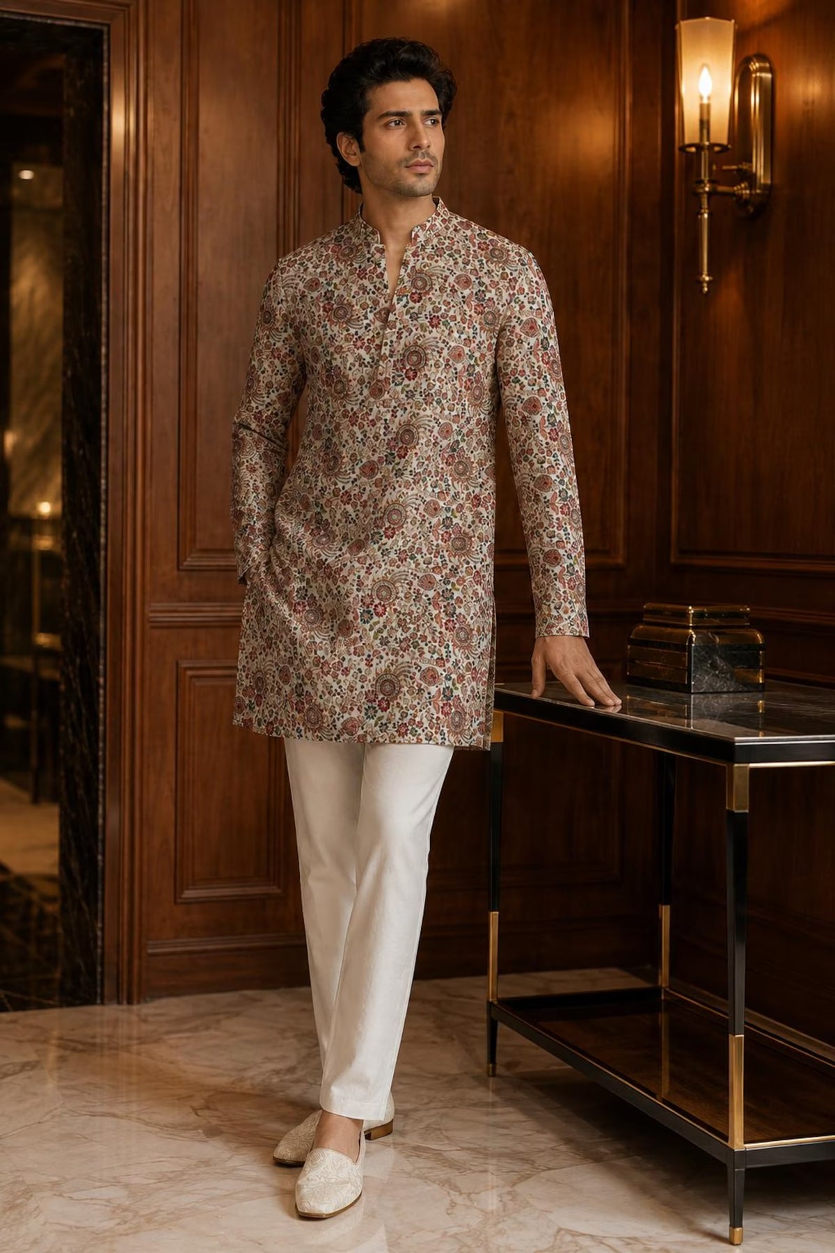 Abeer Royal Men's Digital Printed Kurta Pant Set with Zari Embroidery & Heavy Sequin Work for Weddings and Festive Wear