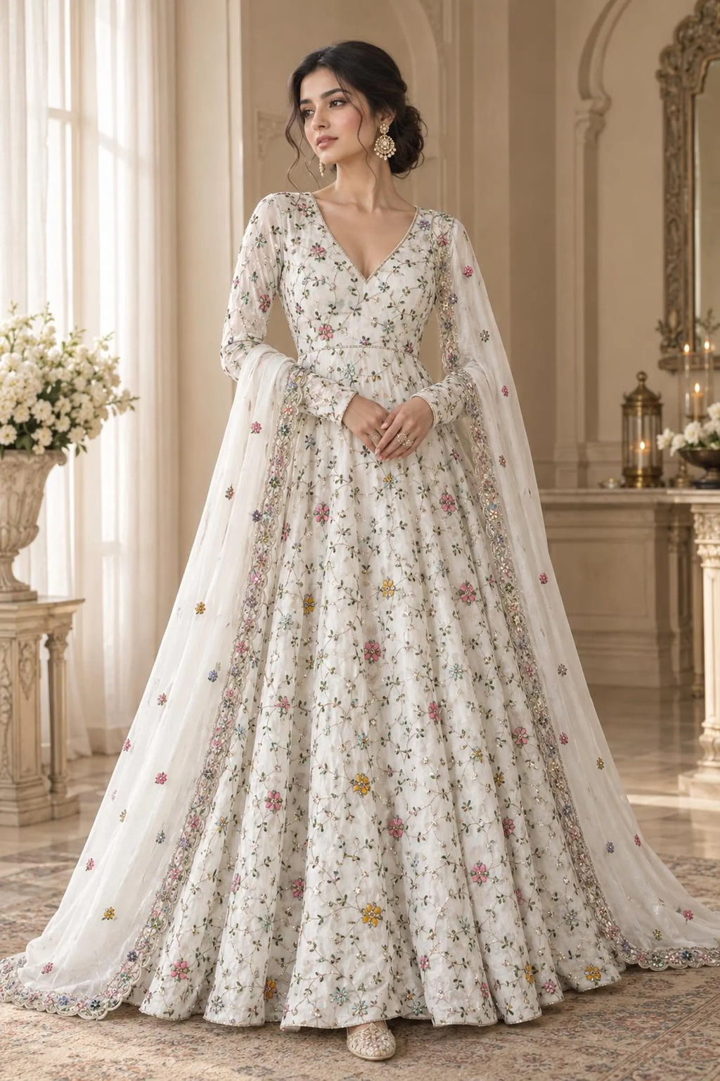 Nooré White Stone Embroidered Anarkali Gown with Dupatta Ready-to-Wear Wedding & Reception Outfit