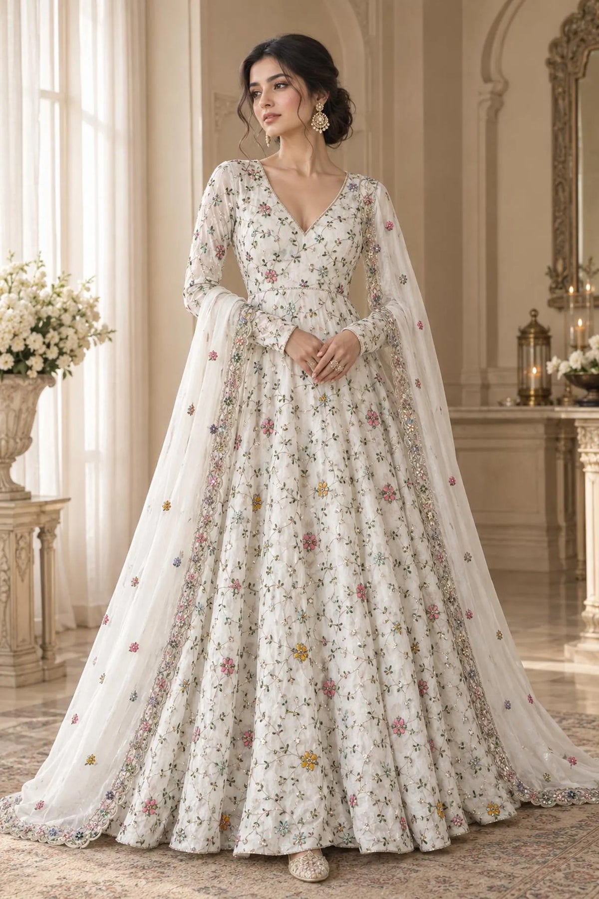 Nooré White Stone Embroidered Anarkali Gown with Dupatta Ready-to-Wear Wedding & Reception Outfit