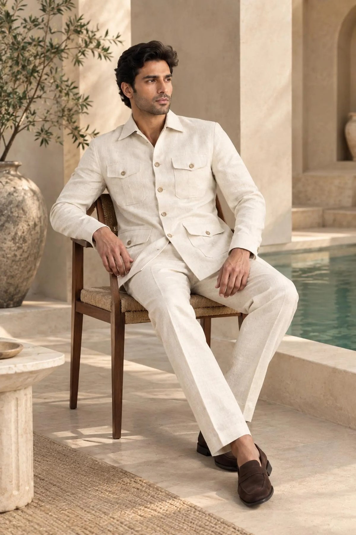 Aarvian Men's Premium Linen Safari Jacket & Pant Set | Modern Summer Party & Resort Wear