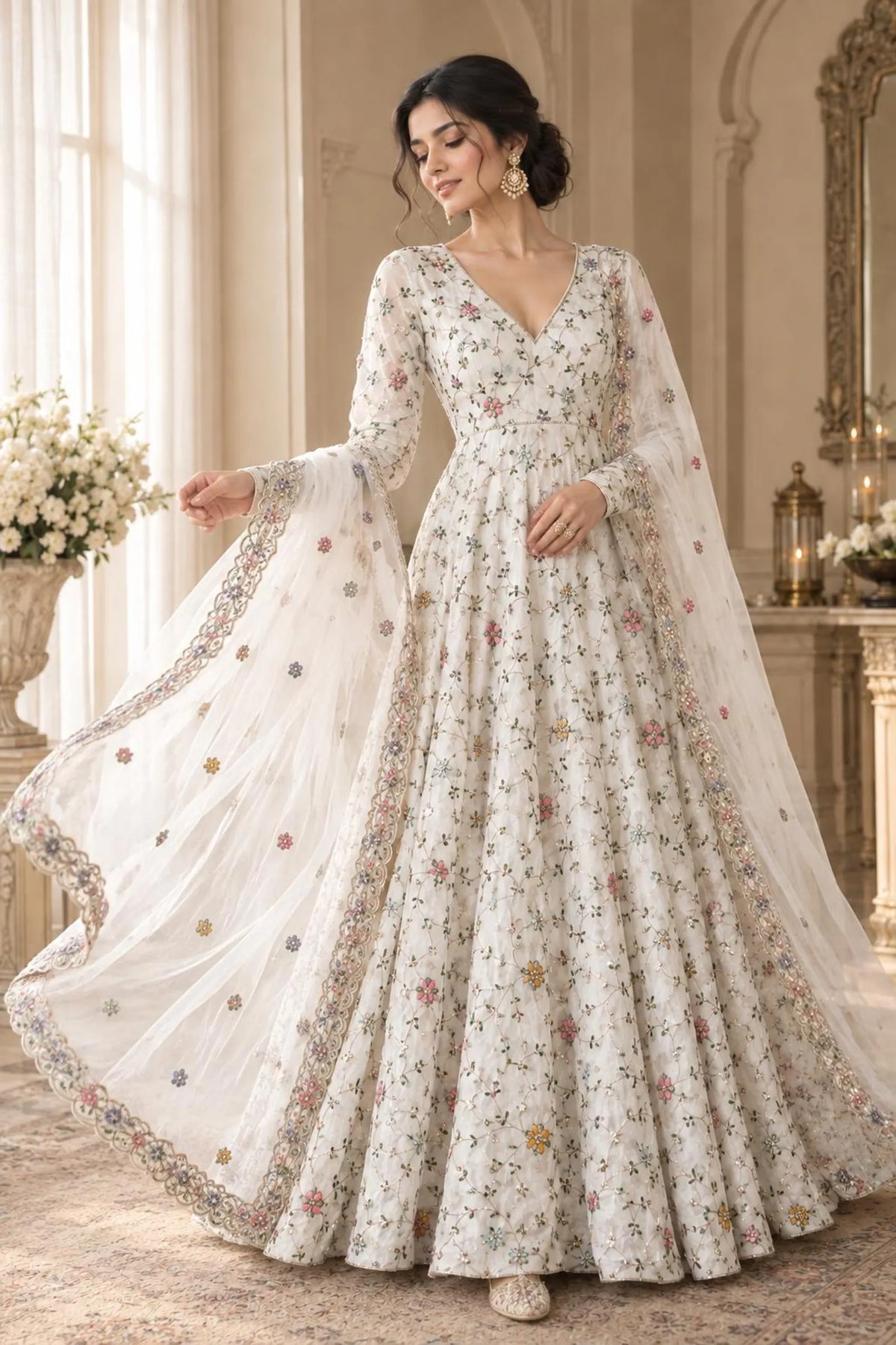 Nooré White Stone Embroidered Anarkali Gown with Dupatta Ready-to-Wear Wedding & Reception Outfit