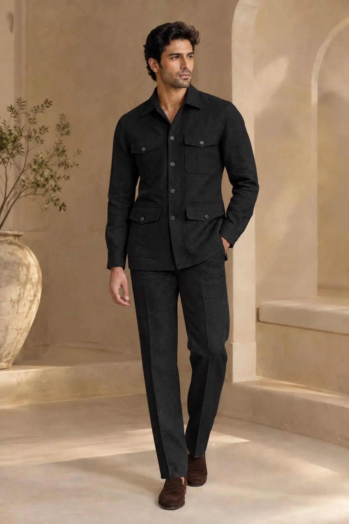 Aarvian Men's Premium Linen Safari Jacket & Pant Set | Modern Summer Party & Resort Wear