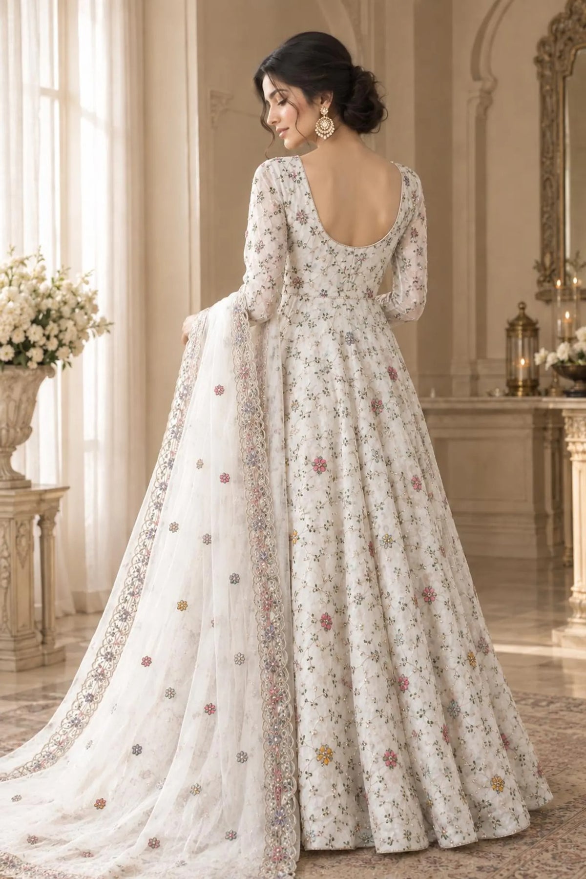 Nooré White Stone Embroidered Anarkali Gown with Dupatta Ready-to-Wear Wedding & Reception Outfit