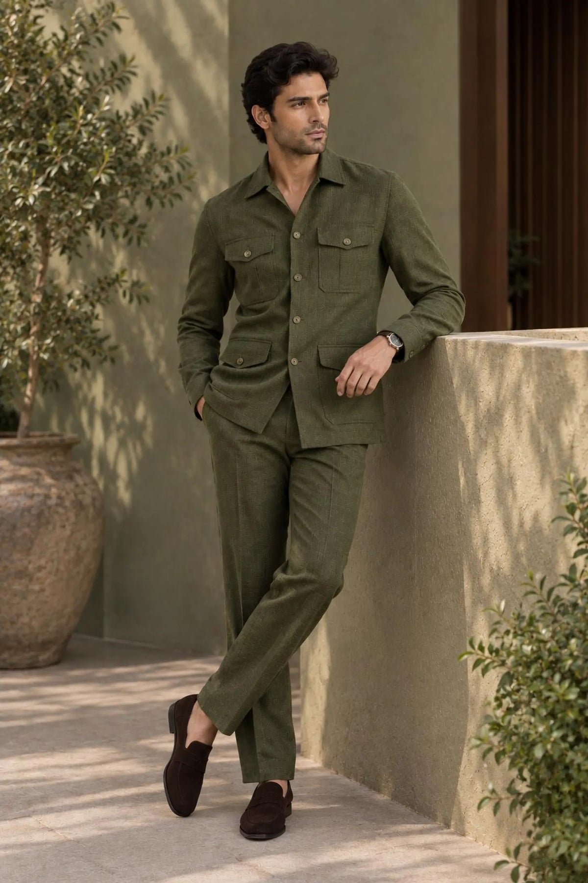Aarvian Men's Premium Linen Safari Jacket & Pant Set | Modern Summer Party & Resort Wear