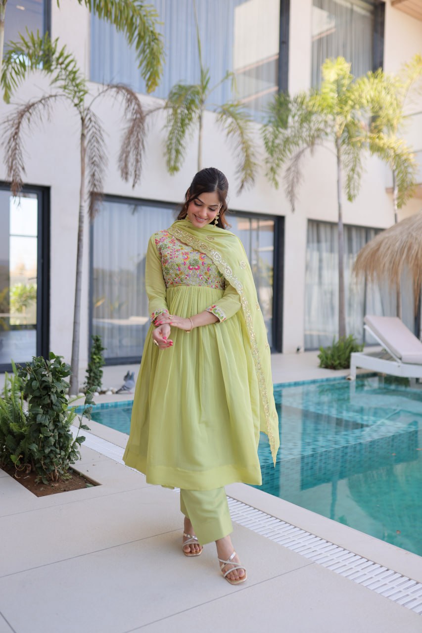 Premium Chanderi Silk Gown with Beads Embroidery Work