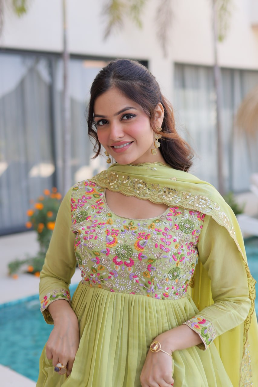 Premium Chanderi Silk Gown with Beads Embroidery Work