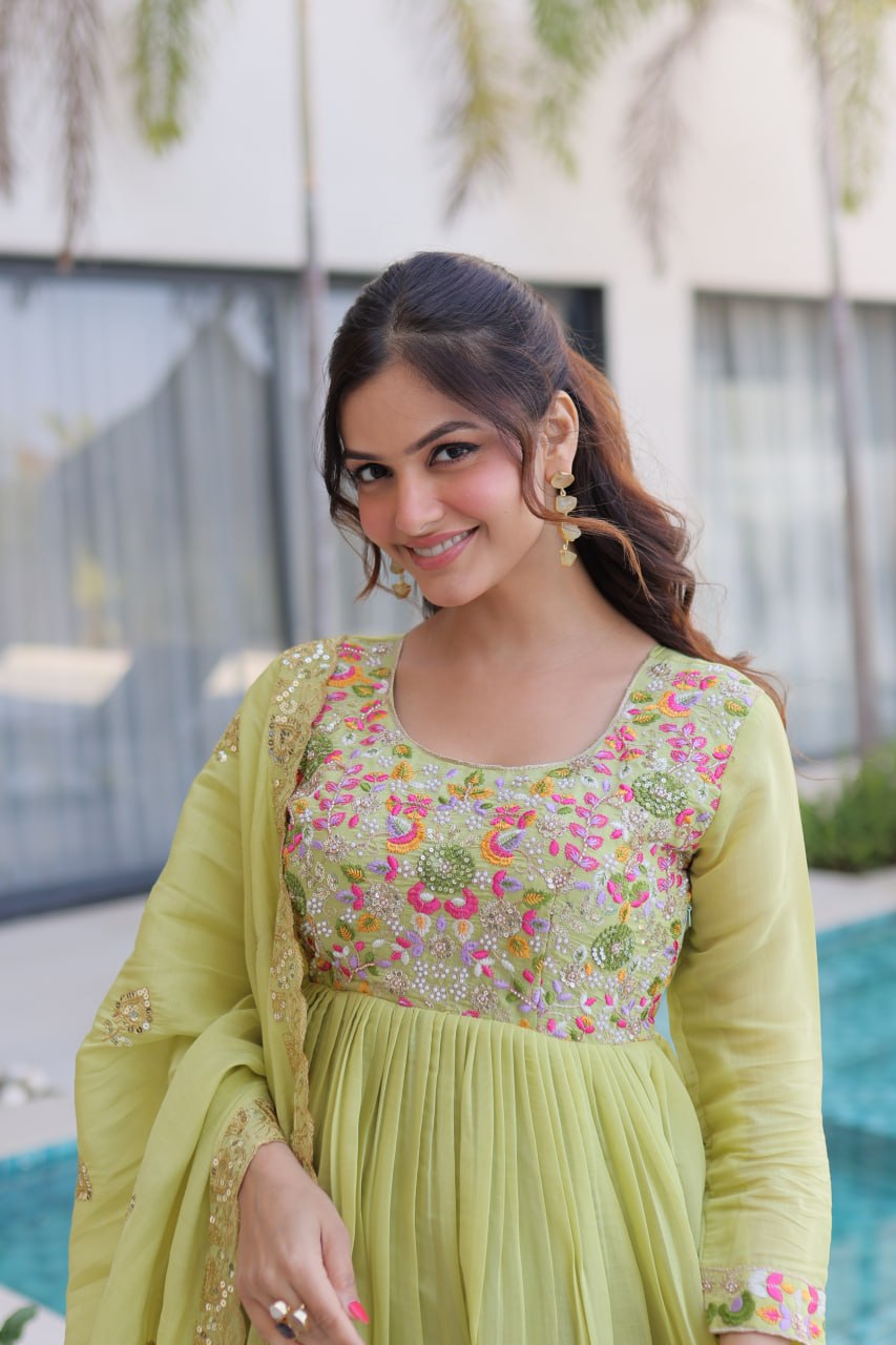 Premium Chanderi Silk Gown with Beads Embroidery Work