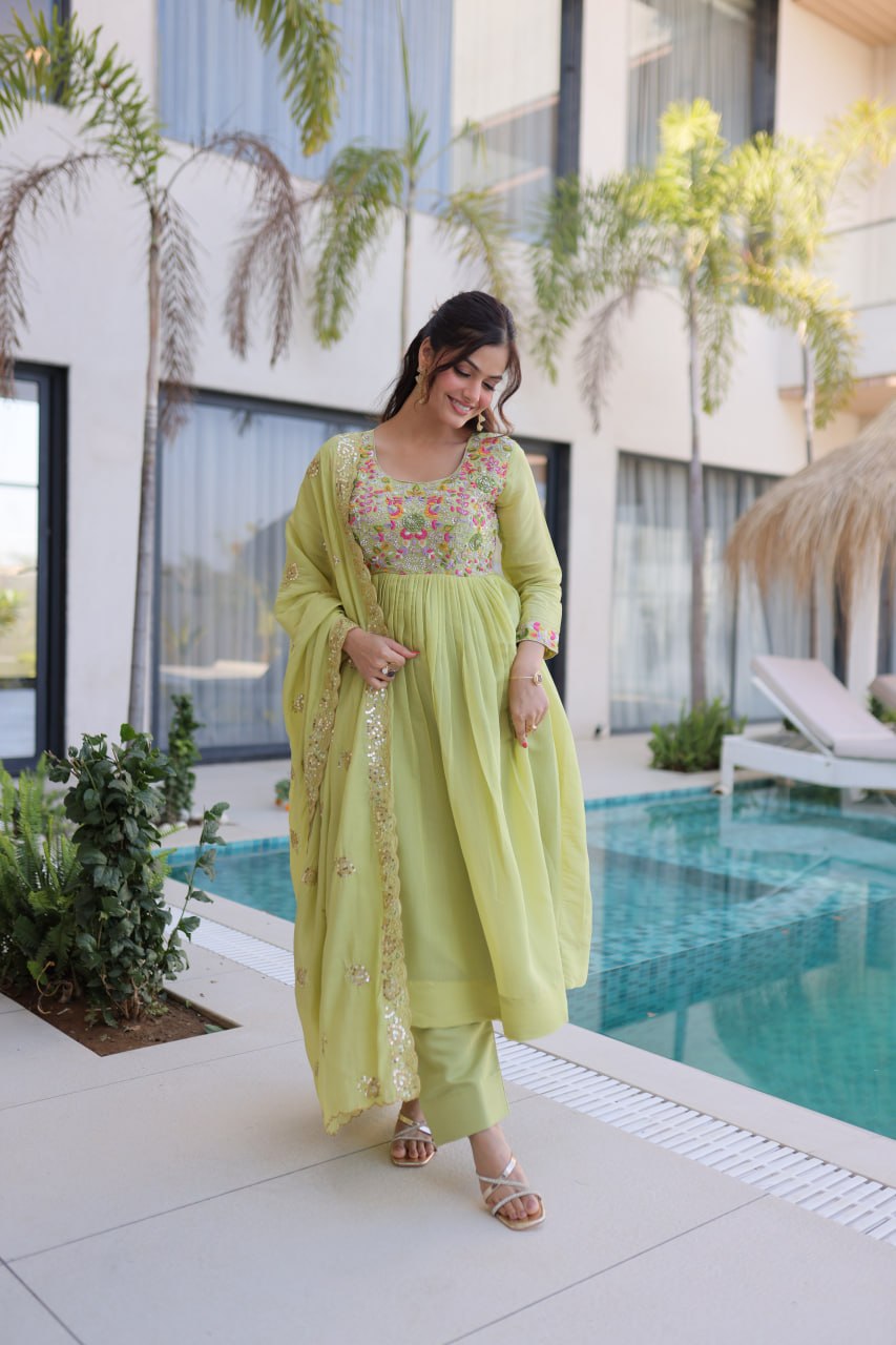 Premium Chanderi Silk Gown with Beads Embroidery Work