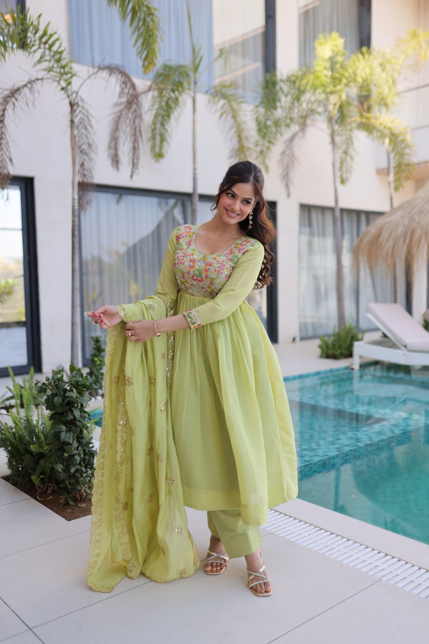 Premium Chanderi Silk Gown with Beads Embroidery Work