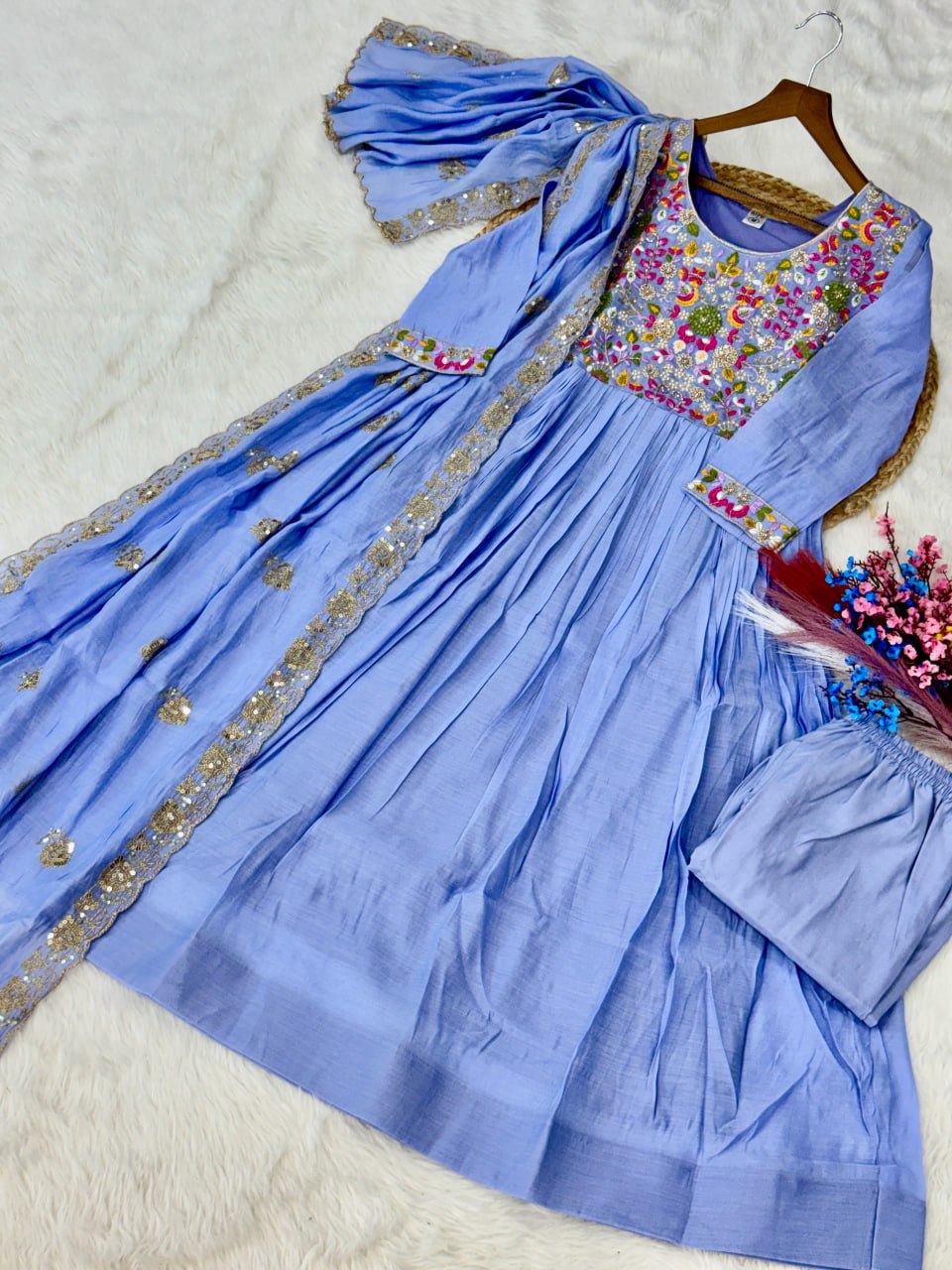Premium Chanderi Silk Gown with Beads Embroidery Work