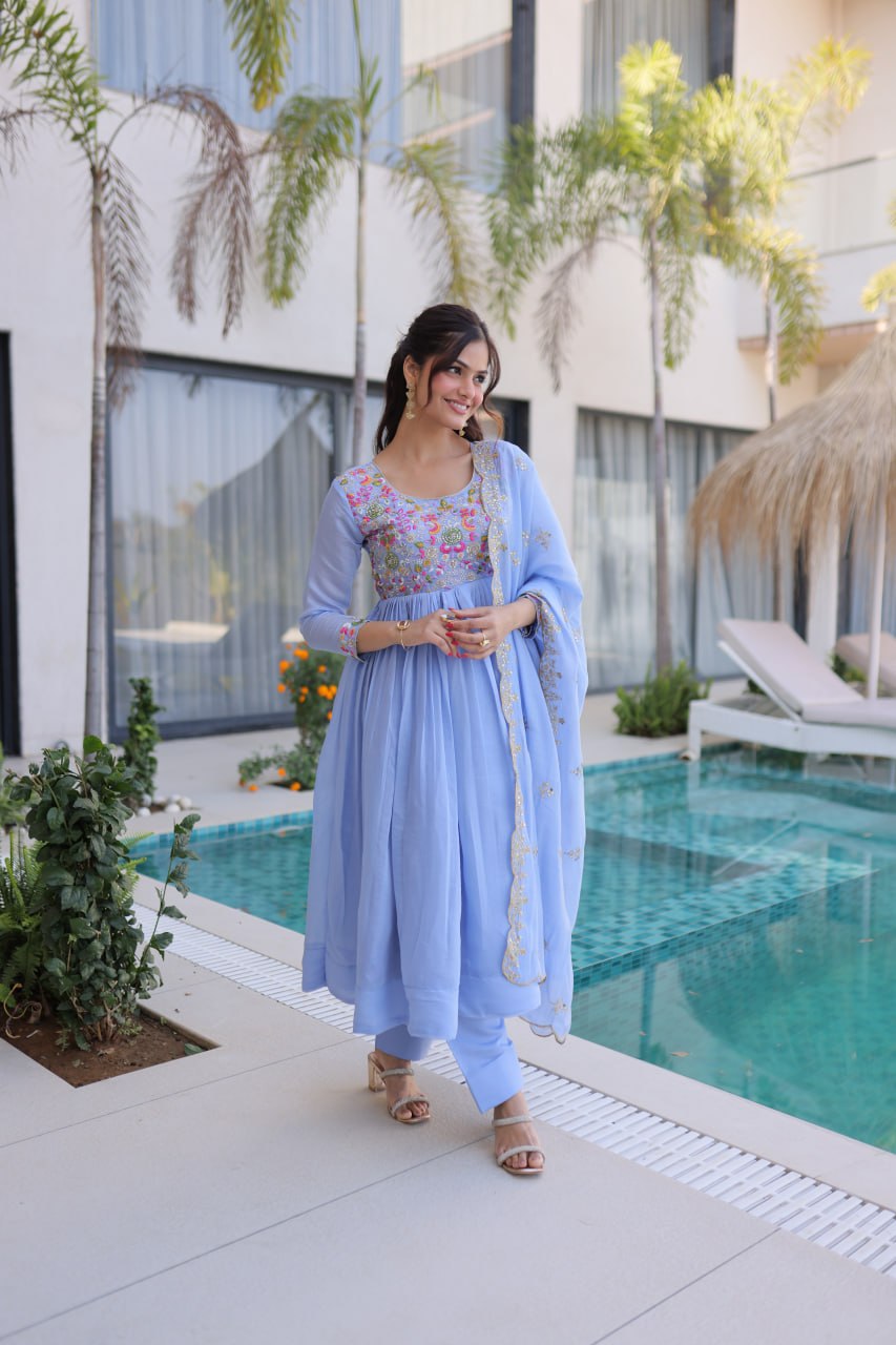 Premium Chanderi Silk Gown with Beads Embroidery Work