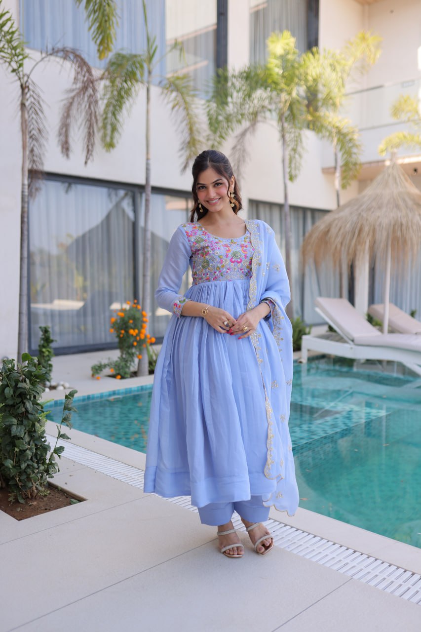 Premium Chanderi Silk Gown with Beads Embroidery Work