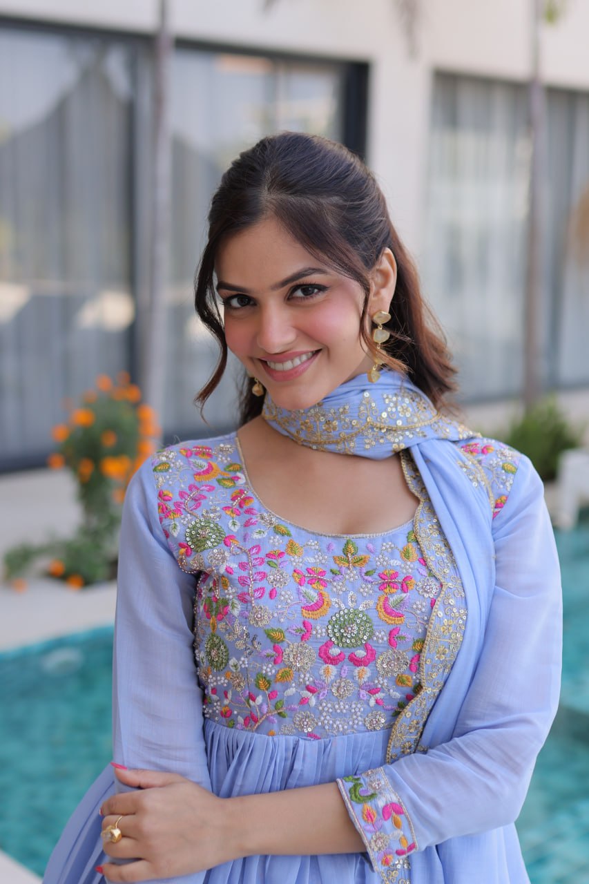 Premium Chanderi Silk Gown with Beads Embroidery Work