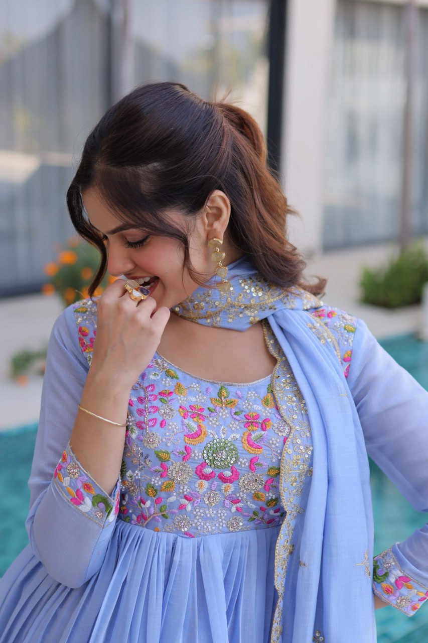 Premium Chanderi Silk Gown with Beads Embroidery Work