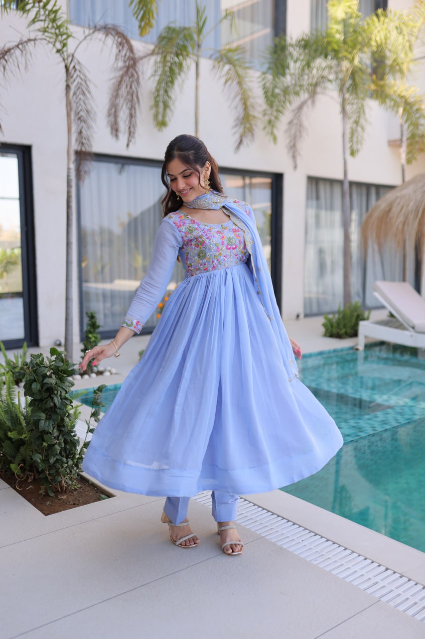 Premium Chanderi Silk Gown with Beads Embroidery Work